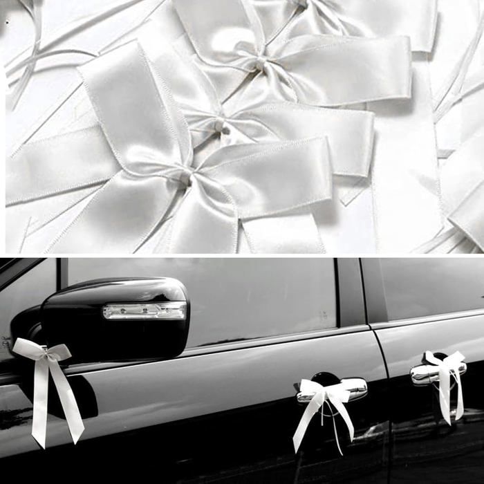 50 Noeuds Voiture Mariage Fait à la Main Ruban de Satin Noeuds dAntenne Facile à Attacher sur la Voiture - Blanc 25x12cm