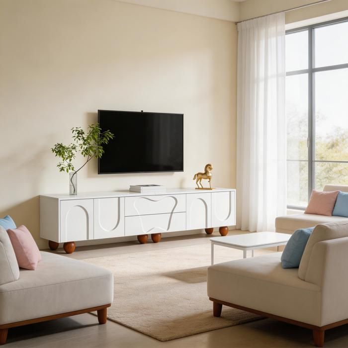 Meuble TV - N621P277639W - Blanc mat - 180×40×42 cm - Pieds bois grand rangement