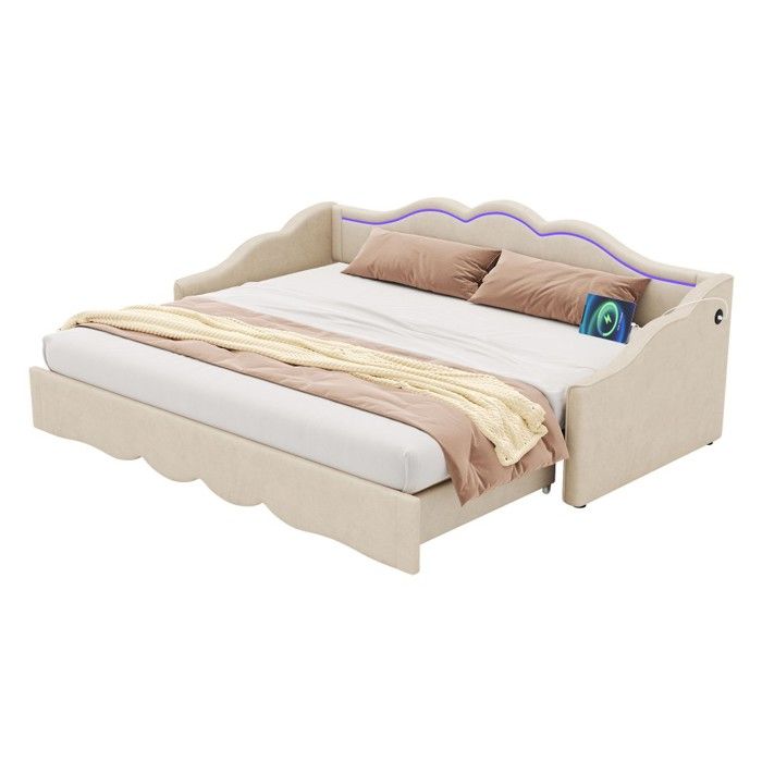Canapé-lit Simple Capitonné Velours Beige 90x200cm Extensible À 180cm LED Et Port USB Méridienne Convertible Sans Matelas