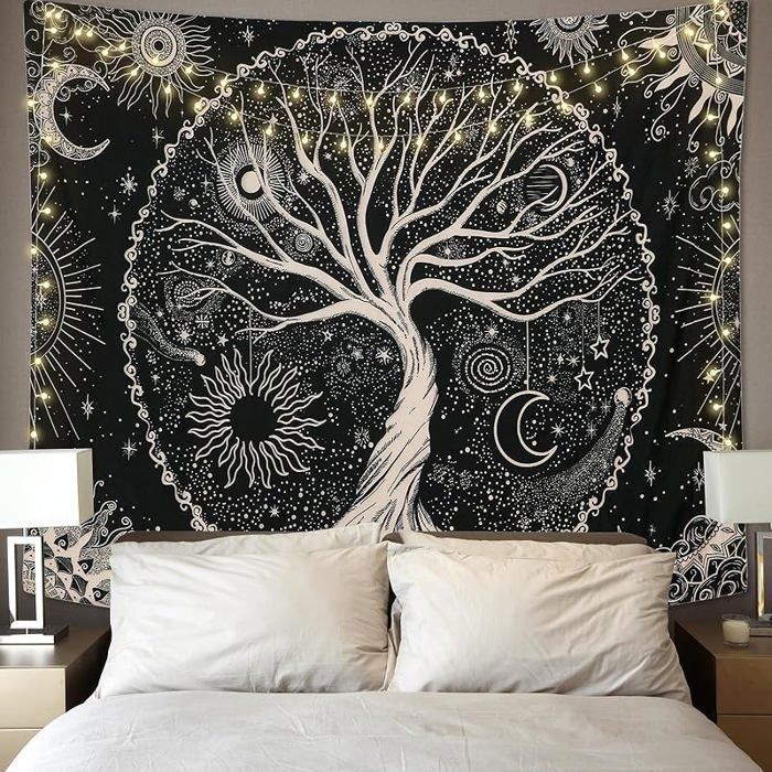 Arbre de Vie Tapisserie Lune et Soleil Noir Tenture Murale Psychédélique Mandala Étoilé 150L x 130l cmArbre deVie ARBRE DEV TENTURE