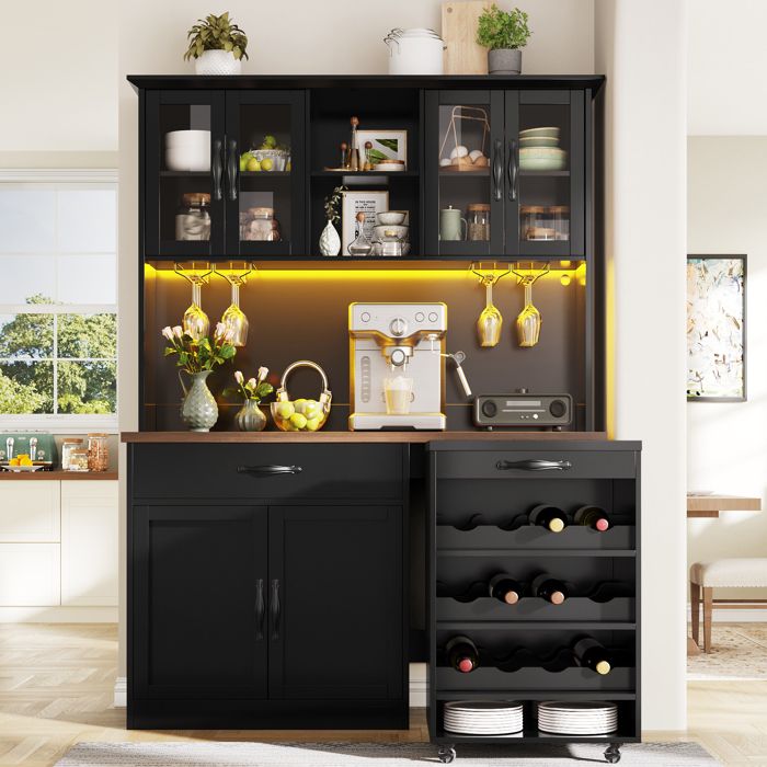 Buffet de cuisine avec desserte LED porte-verres et range-bouteilles garde-manger - 140x38x180cm - MDF - Noir