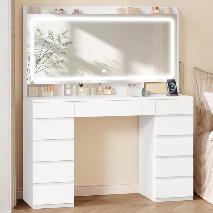 Coiffeuse avec miroir 3 lampes LED réglables 11 Tiroirs 3 Compartiments de Rangement et 1 étagère SupérieureBlanc