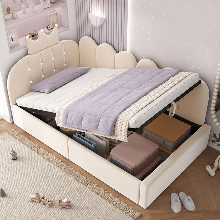 Lit de Jour 90x200cm pour enfant Coffre de Hydraulique Sommier à Lattes en Fer Tête de Lit Forme de Couronne Velours Beige