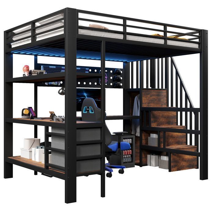 LPOSPI Lit mezzanine double 140×200 cm 3 tiroirs bureau et led réglable - sans matelas métal et mdf - noir