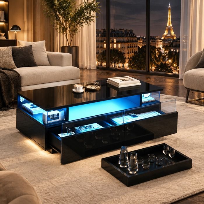 Table basse 90x45x355 cm EVRYAE - avec plateau amovible 2 tiroirs et LED par application rangement 3 niveaux - Noir