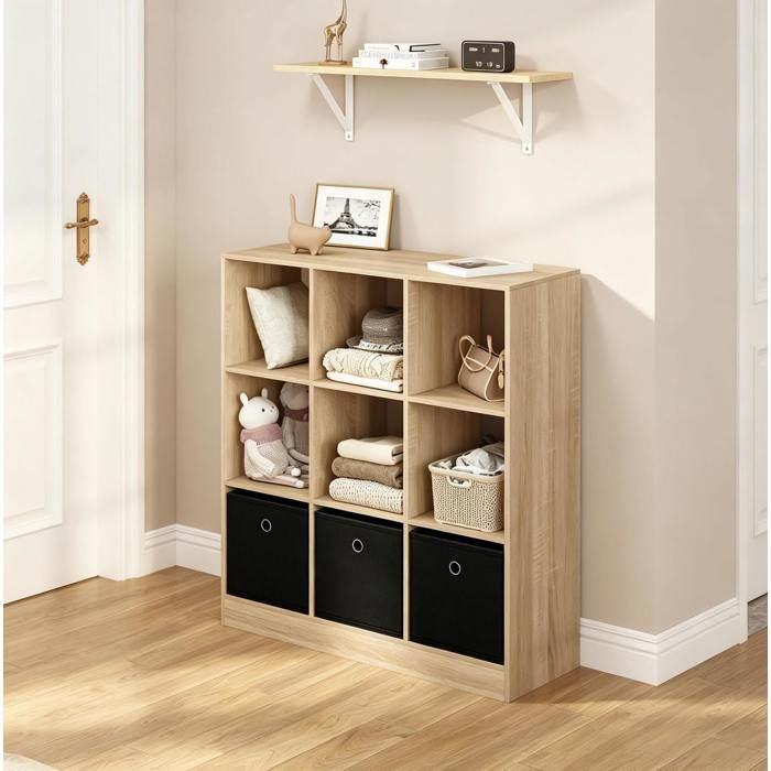 Bibliothèque étagère cube en bois E1 3 tiroirs en tissu 80 x 30 x 86 5 cm chêne clair et noir