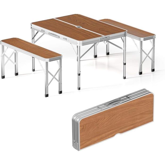 Table Pliante Valise 900 x 660 x 700 mm et Deux bancs en alumium et MDF Pliable de Camping légère pour 90x66x70 cm.