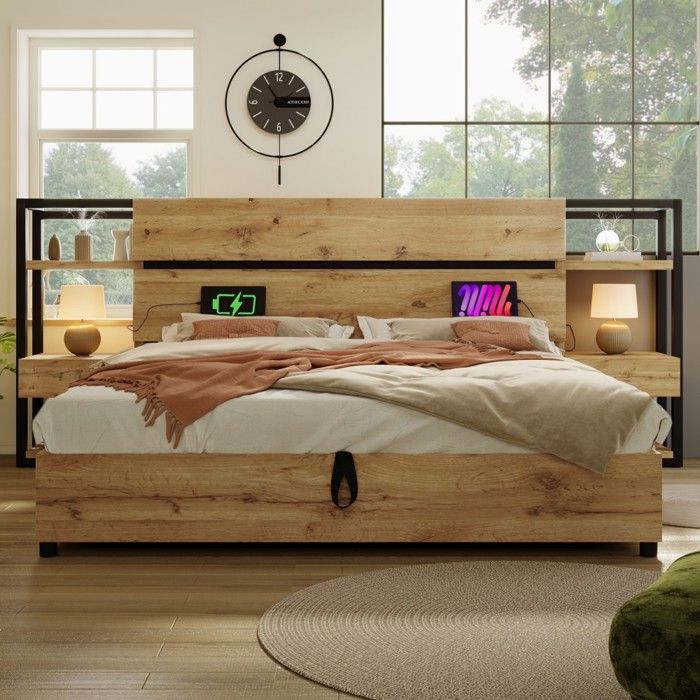 Lit 180x200 Chêne - Coffre Hydraulique Tiroirs - USB-C Lattes Bois - Rangement Pratique - Design Élégant Durable (sans Matelas)