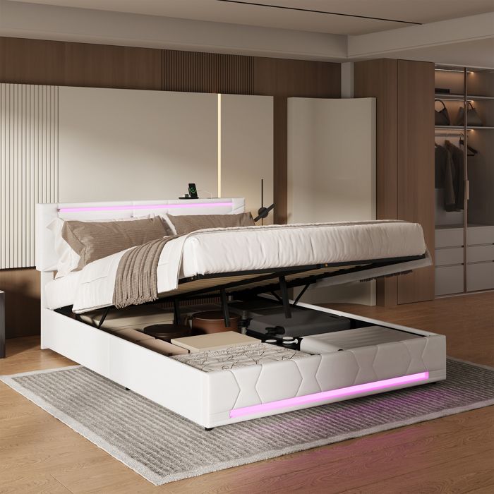 Lit coffre - 140x200 cm - LED USB tête de lit 4 tiroirs sommier à lattes rangement velours - blanc et rose