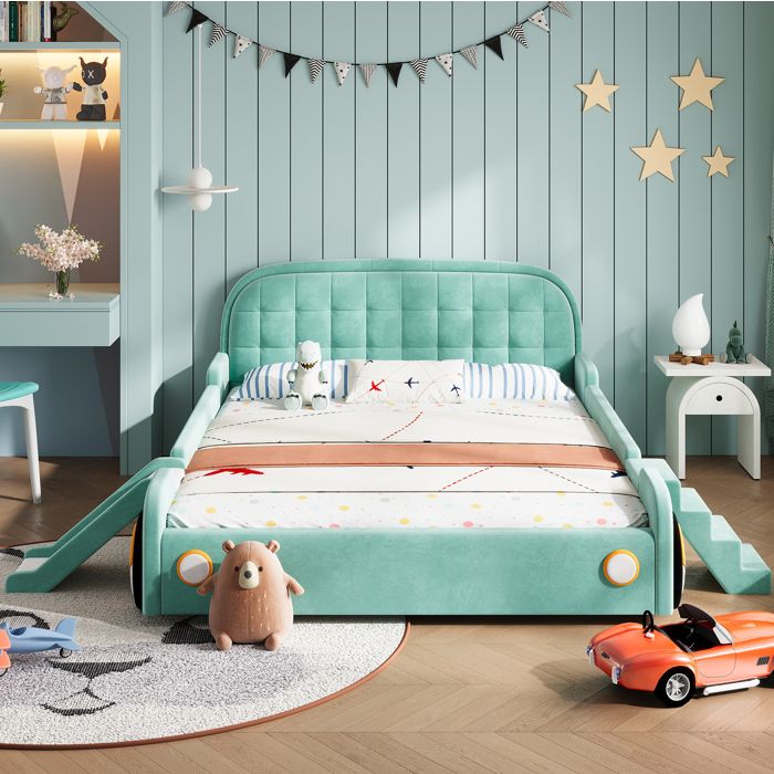 ROVRYN lit enfant voiture 140 x 200 cm avec toboggan et escalier velours bleu vert