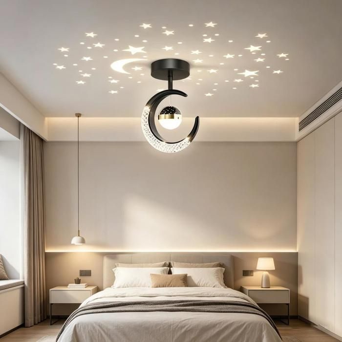 iDEGU Moderne Lampe de Projection en Lune Noir LED Lampe de Plafond Contemporain Abat-jour en Aluminium 16W Lustre Lumière Chaude