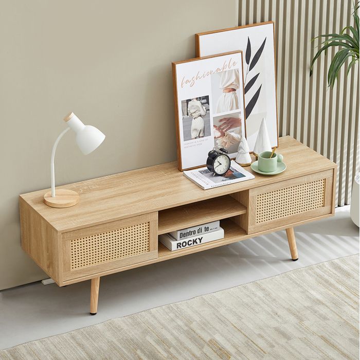 WUVRIE Meuble TV 140 x 40 x 465 cm avec 2 portes coulissantes en cannage étagères réglables MDF aspect bois
