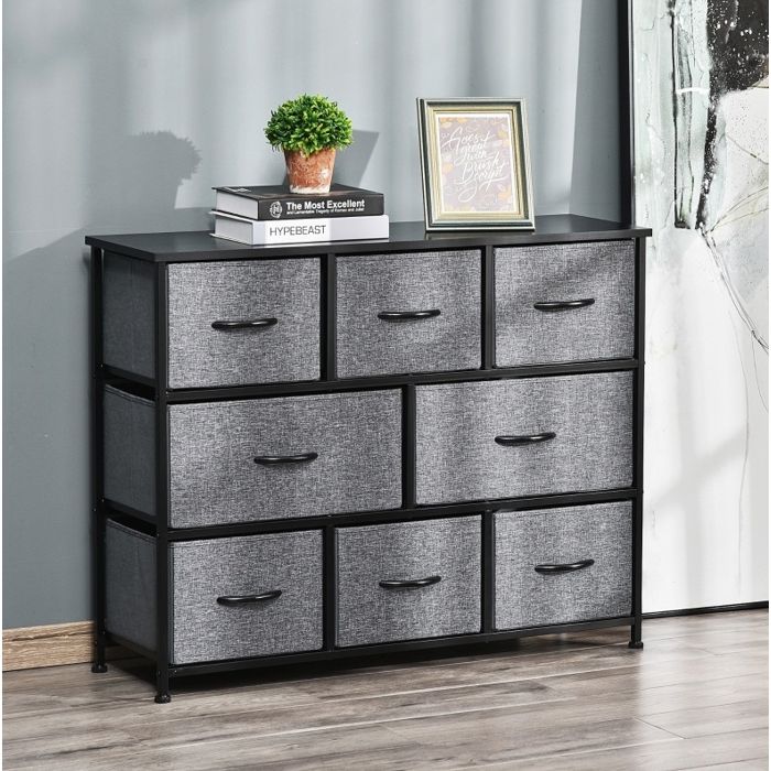 Commode de rangement 8 tiroirs en tissu gris foncé 100 x 30 x 78 5 cm avec structure métal et plateau MDF