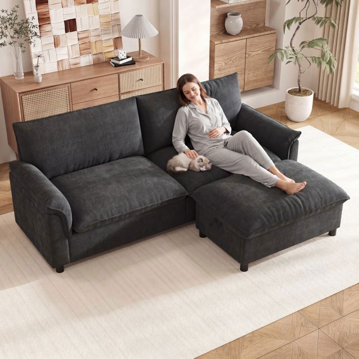 Canapé dangle 216x77x82cm tissu chenille noir - Canapé Modulable - 3 places pouf avec coffre de rangement assise profonde