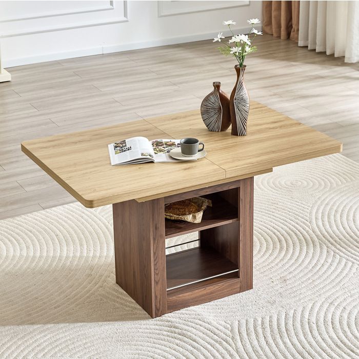 WUVRIE Table à manger extensible 130 à 160 x 80 cm en MDF aspect bois et noyer avec 2 niches ouvertes