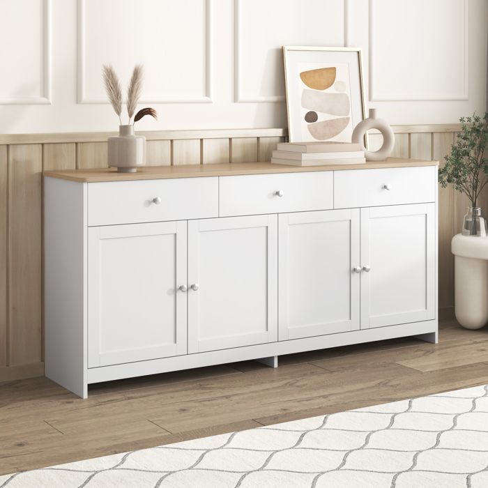 Buffet blanc à motif bois style rustique moderne quatre portes et trois tiroirs adapté à la cuisine couleur bois et blanc