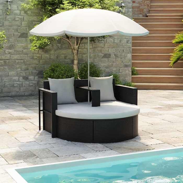 Noir Lit de jardin avec parasol Noir Résine tressée - Meuble de balcon LV59081