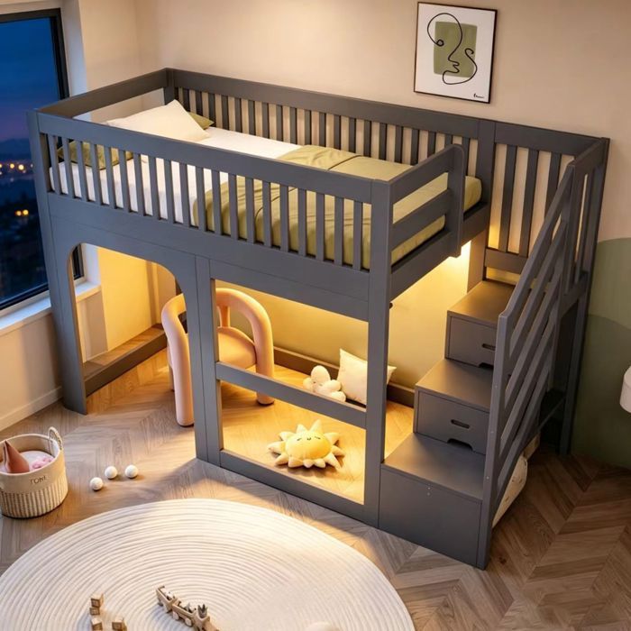 Lit mezzanine enfant 90x200 cm en bois avec LED escalier de rangement et sommier gris