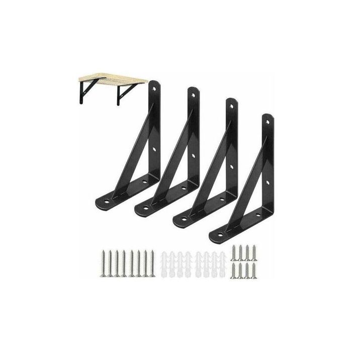 Supports Étagère Murale - Lot De 4 - Métal Noir Triangulaire - Fixation Solide Avec Vis - Cuisine Chambre Salon - 15 Cm