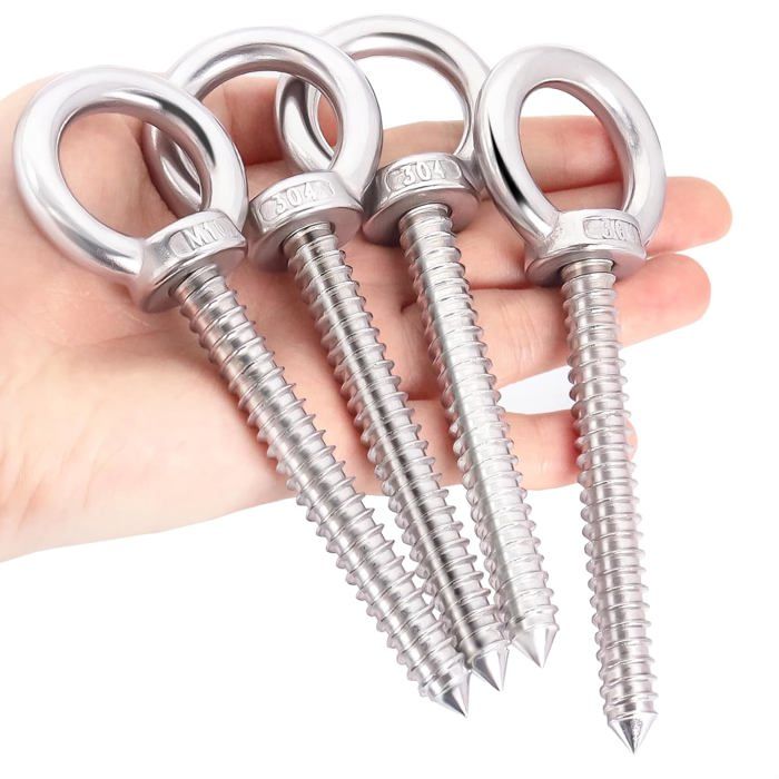 Piton à visser boulon à œil M10 x 80 mm - lot de 4 pièces en acier inoxydable 304 galvanisé charge 200 kg finition argentée