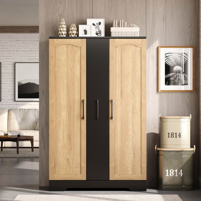 Armoire cuisine 78x35x120 cm avec porte-épices 2 portes rangement coulissant 4 niveaux étagères réglables MDF noir et bois