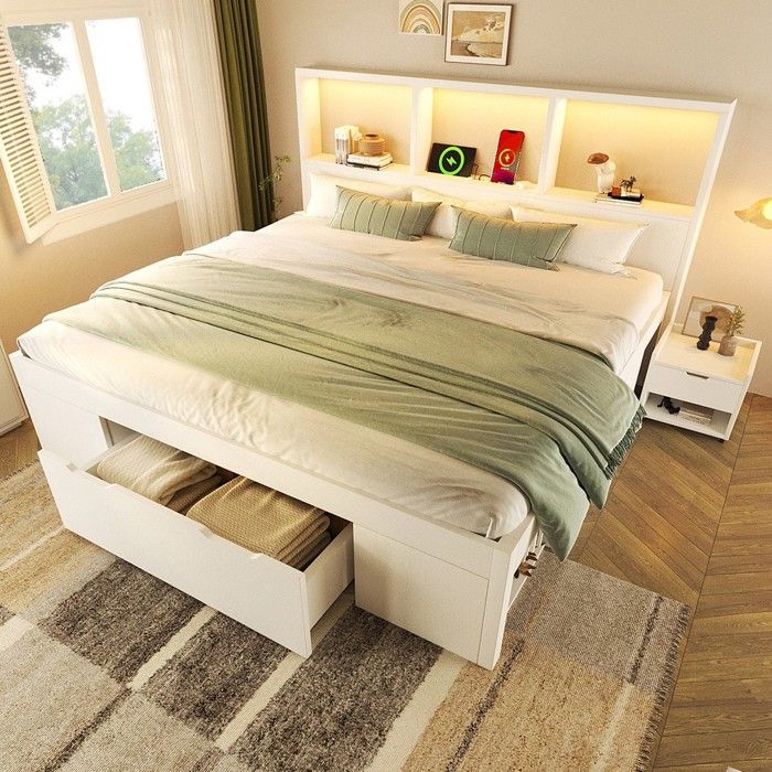 Lit double en bois blanc - BLACKCOLOR - 140x190 cm - Rangement à tiroirs - Éclairage LED - Ports USB et Type-C Lit double en bois blanc - BLACKCOLOR - 140x190 cm - Rangement à tiroirs - Éclairage LED - Ports USB et Type-C