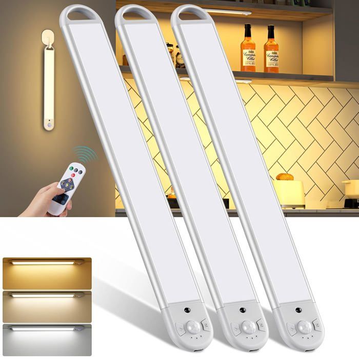 Lampe LED sous meuble 30 cm dimmable - 3 températures de couleur détecteur mouvement télécommande rechargeable USB-C 2200 mAh
