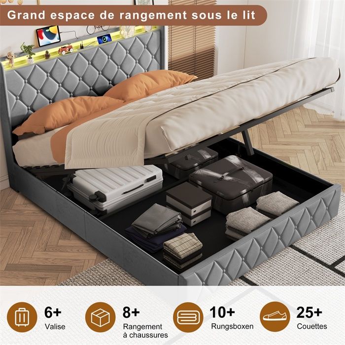 Lit 140x200 cm - Lit double 140x200 cm - Lit double avec Sommier à vérins LED et tête de lit capitonnée - Velours - Gris Lit 140x200 cm - Lit double 140x200 cm - Lit double avec Sommier à vérins LED et tête de lit capitonnée - Velours - Gris