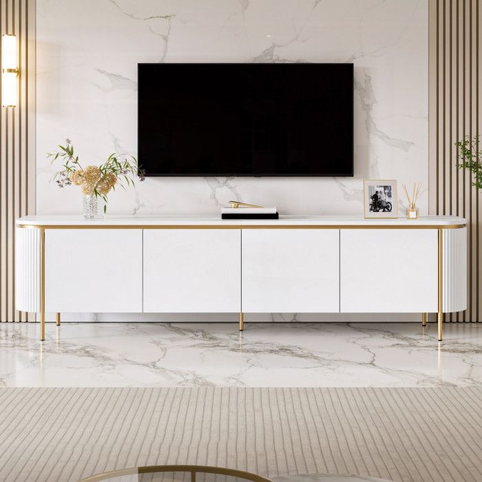 Meuble TV bas 180x38x46 cm en MDF avec pieds en fer 6 portes extrémités arrondies finition rainurée passage de câbles blanc