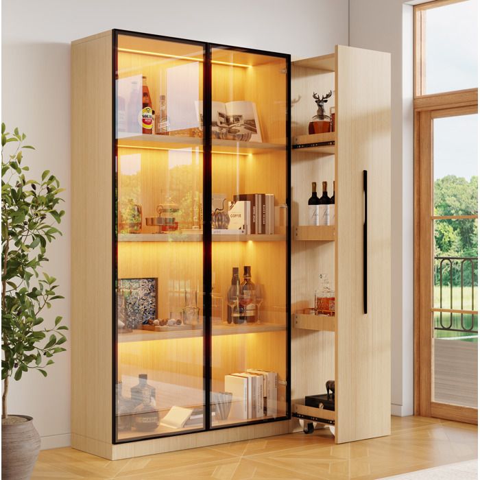 MEULVA Vitrine bibliothèque LED 110 5 x 35 x 160 cm chêne rangement latéral coulissant à roulettes
