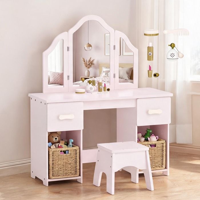 Table de maquillage pour enfant en MDF et acrylique avec tabouret 3 miroirs et 2 tiroirs coloris rose pour le jeu et les