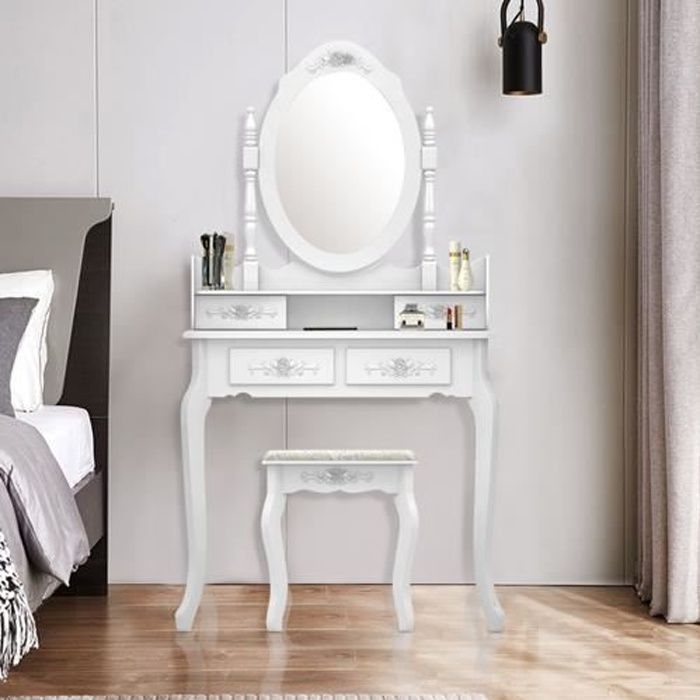 coiffeuse avec miroir, 4 tiroirs et tabouret, table de maquillage commode style moderne blanche
