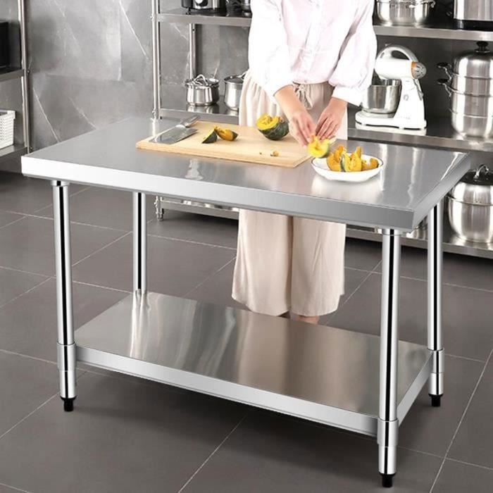 Table De Travail Inox - 91,5x61x90 Cm, 2 étagères - Charge Max 250 Kg - Pour Cuisine, Atelier, Rangement