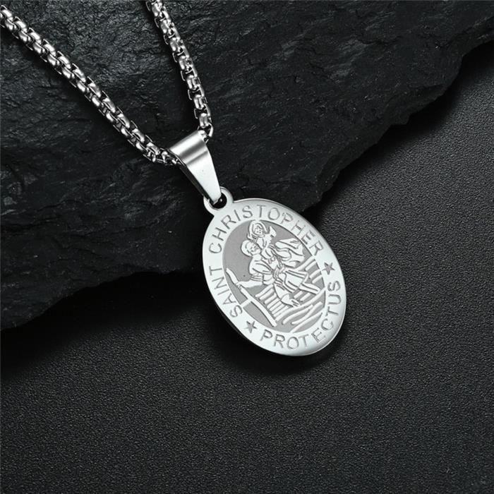 collier médaille saint christophe acier inoxydable argent • bijou religieux chrétien pour homme et femme • cadeau pour lui et elle