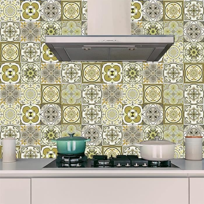 Credence Adhésive Cuisine Et Salle De Bain - 24 Stickers Carrelage Orange 20x20cm, PVC Imperméable Décoratif Auto-Adhésif