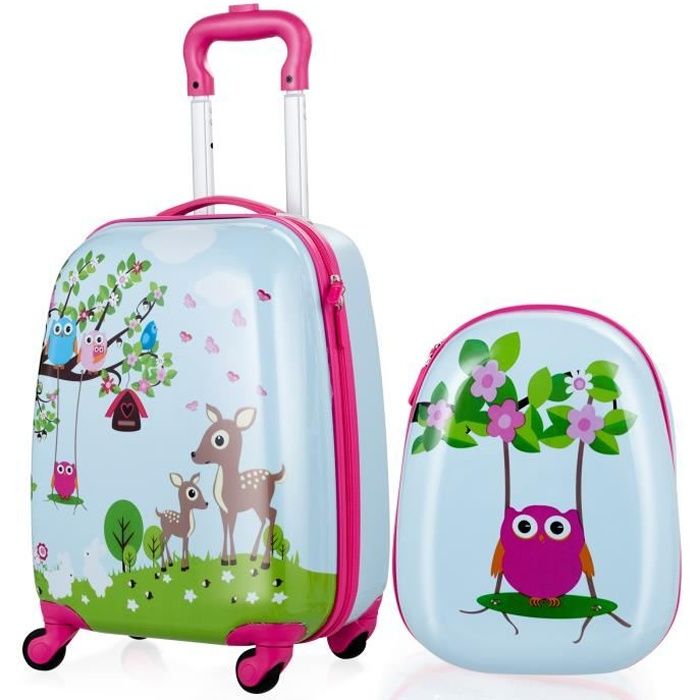 Costway ensemble lot de 2 valises enfant rigides, valise enfant 18 pouce &  sac à dos enfant 12 pouce, trolley à roulettes abs pour enfant, valise de  voyage bagage cabine bleu rose