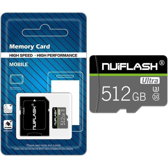 Carte mémoire Micro SD 512 Go avec adaptateur de carte SD (vitesse