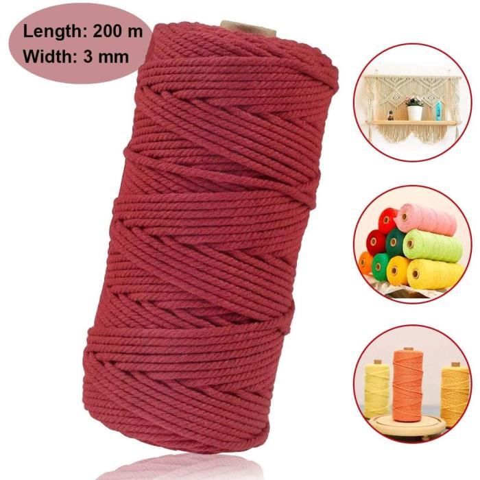 Cordon en macramé 4 mm x 220 m – Cordon pour macramé en coton naturel – 3 brins torsadés en coton pour macramé pour suspension murale, suspension de plantes, artisanat, emballage cadeau
