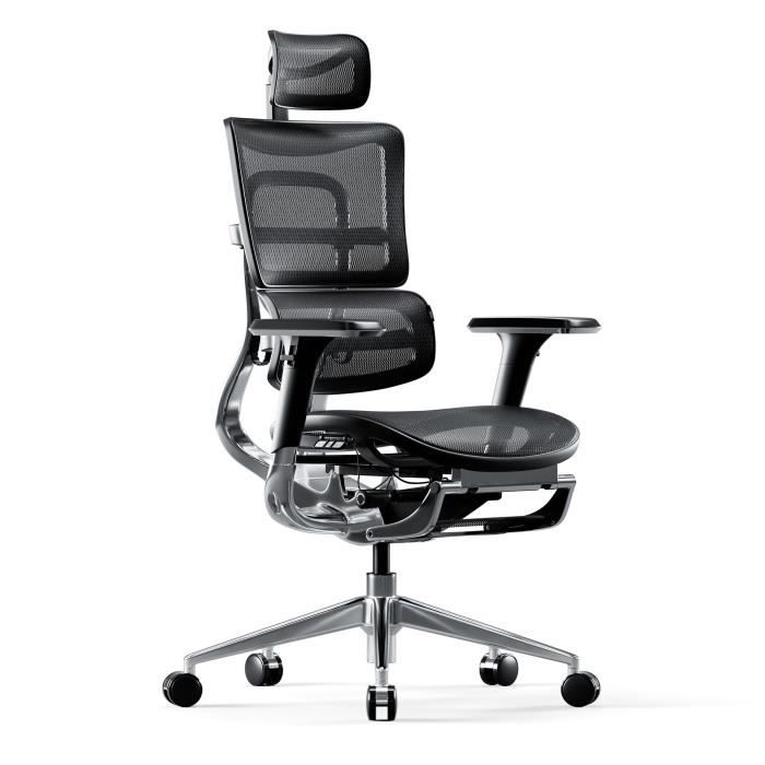 Diablo V-Master Chaise de Bureau Ergonomique Accoudoirs 3D Soutien Lombaire Appuie-tête Siège Réglables Tissu de Filet Noir-Noir