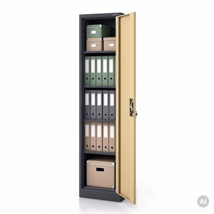 Armoire de Bureau Métallique C001A Porte Battante Verrouillable 4 étagères 185 cm x 45 cm x 40 cm (Anthracite/Noyer)