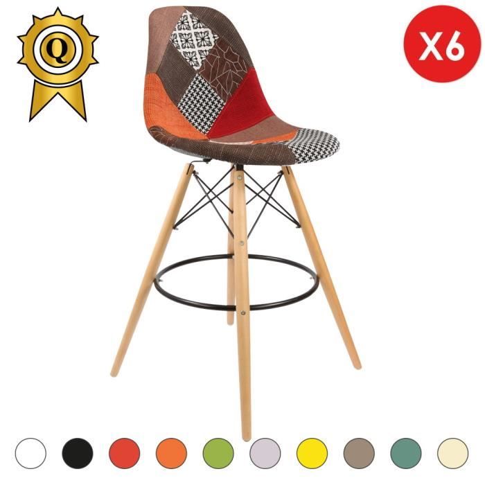 6 x Chaise haute Bar Tabouret Scandinave Bois naturel Patchwork Automne