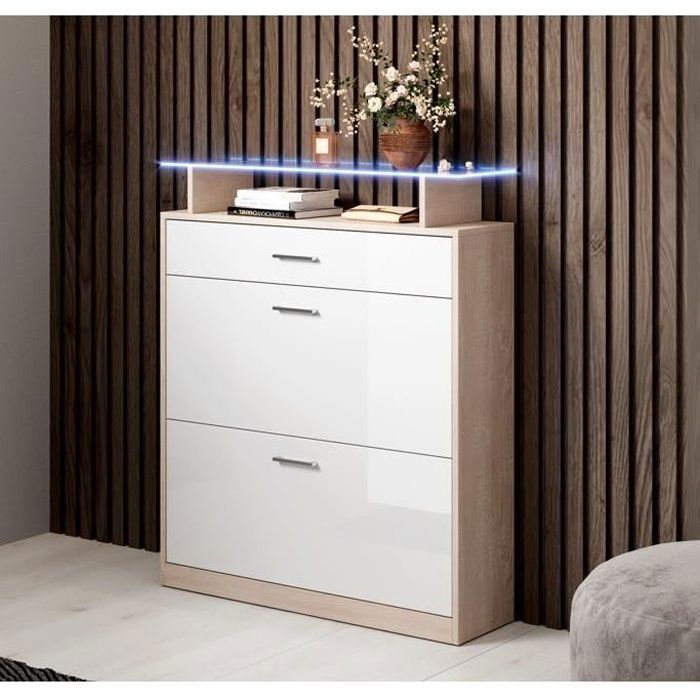 Design Ameublement - Meuble à Chaussures PAOLA LED - 2 portes 1 tiroir - Chêne Sonoma et Blanc Brillant - 89x105x24cm Design Ameublement - Meuble à Chaussures PAOLA LED - 2 portes 1 tiroir - Chêne Sonoma et Blanc Brillant - 89x105x24cm