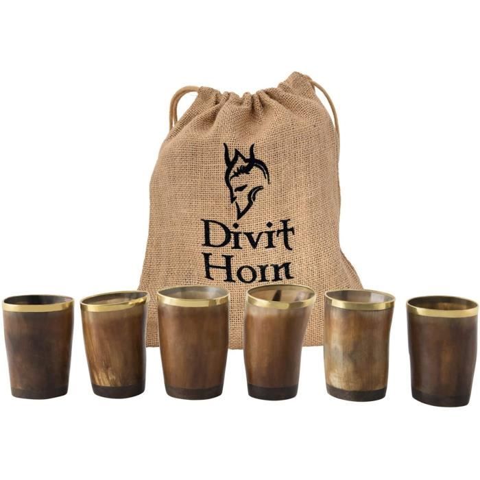 Capacité : 148 ml Corne à bière médiévale authentique Divit Lot de 6 verres à shot en corne authentique avec bord en laiton Pochette cadeau en lin incluse 