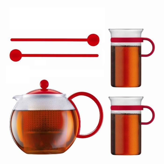BODUM Set ASSAM avec théière à piston 1l rouge incluant 2 tasses et 2 cuillères - Maison
