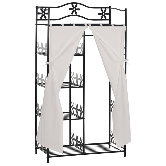 Armoire penderie multi rangements 5 étagères métal noir motif fleurs 2 rideaux 84L x 42l x 159H cm