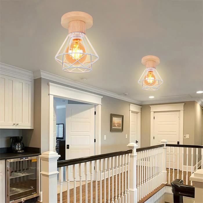 2Pcs Plafonnier Industrielle Cage Forme Diamant Blanc Lustre Suspension En Metal Fer Luminaire Pour Cuisine Couloir 13403448