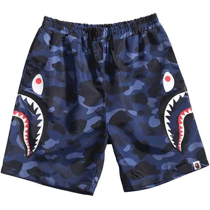 Bape Shark Pantalon Shorts avec Poches Homme Camouflage Style Bleu