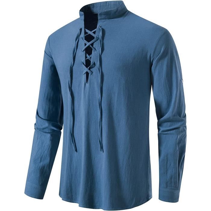 Chemise a lacets en coton pour homme Costume vintage medieval Bleu bleu Bleu Cdiscount Pret a Porter