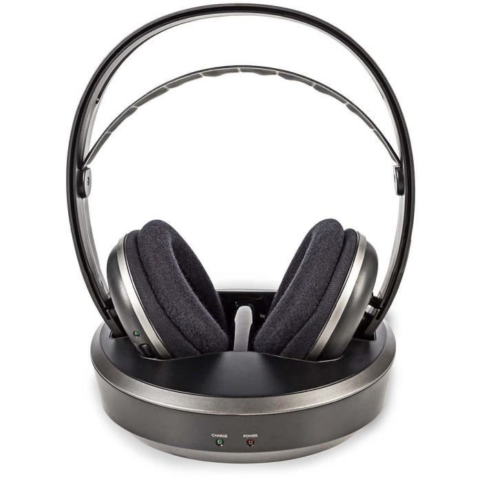 NEDIS HPRF210BK Casque sans Fil - Fréquence radio (RF) - Tour doreille - Embase de Chargement - Noir/Argent