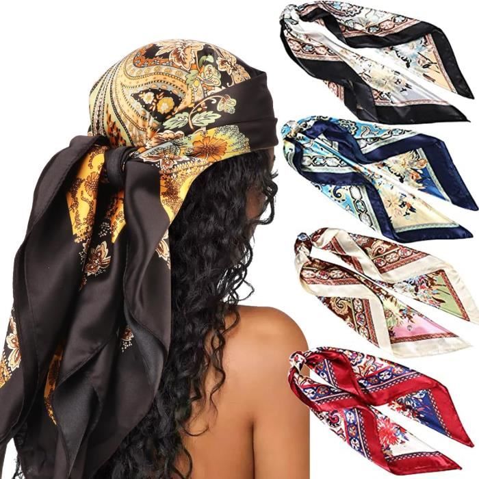 4 pack femmes grand foulards carrés satin foulards cheveux accessoires soie carrés motifs classiques bandanas plage[j7234]
